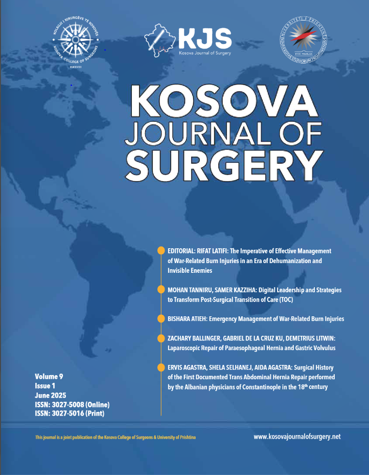 					View Vol. 9 No. 1 (2025): Kosova Journal of Surgery, Volume 9, Issue 1
				
