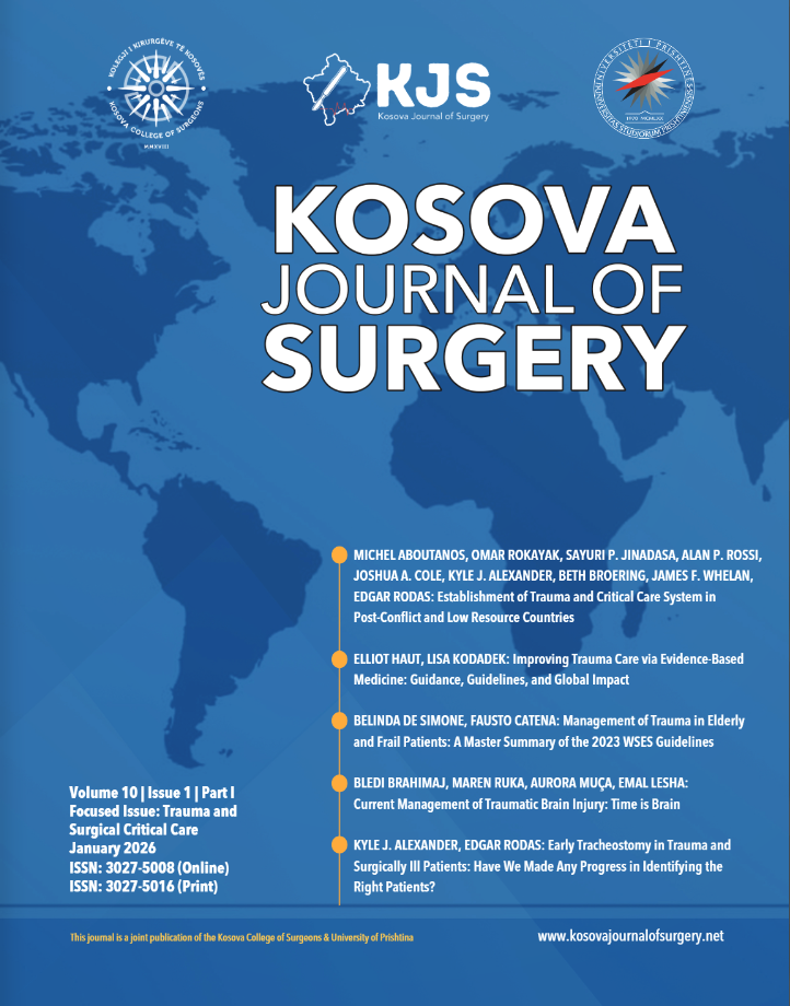 					View Vol. 10 No. 1 (2026): Kosova Journal of Surgery (Volume 10, Issue 1, Part 1): Focused Issue – Trauma and Surgical Critical Care
				
